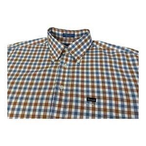 Faconnable White Blue Brown Stripe Button Down Dress Shirt Large Made USA